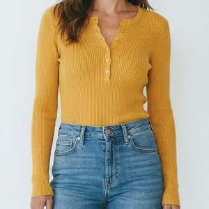 Moda International Yellow Ribbed Knit Long Sleeve Henley Shirt